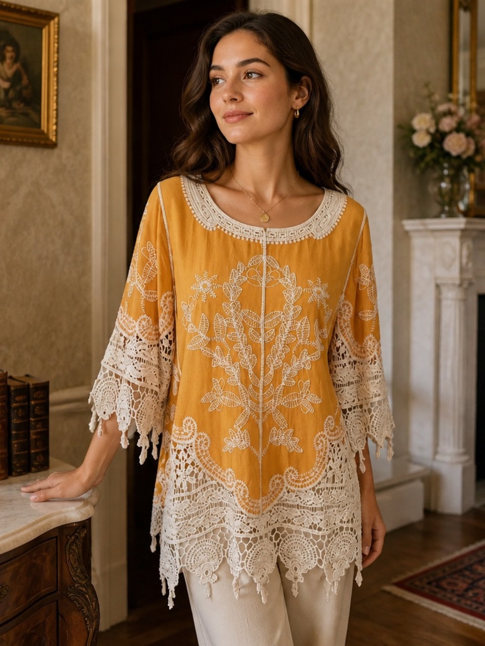 Est. 1946 Women Crochet Embroidered Top Yellow Medium Old World Croquette Boho